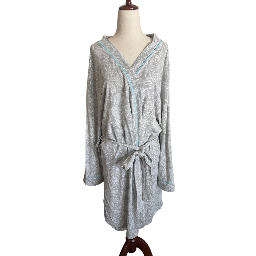 Cariloha Bamboo Gray‎ Paisley Robe Large XL Organic Cotton Tie Sleep Breathable